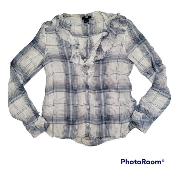 Paige Dylan Plaid Bernadette Shirt Button Up Raw Hem Ruffle Collar Festival Soft - Picture 1 of 13
